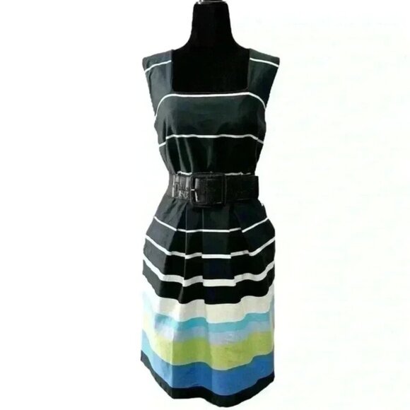 Dorothy Perkins Sheath Dress Sleeveless Black White Green Blue Stripes Size  14 - Picture 1 of 16